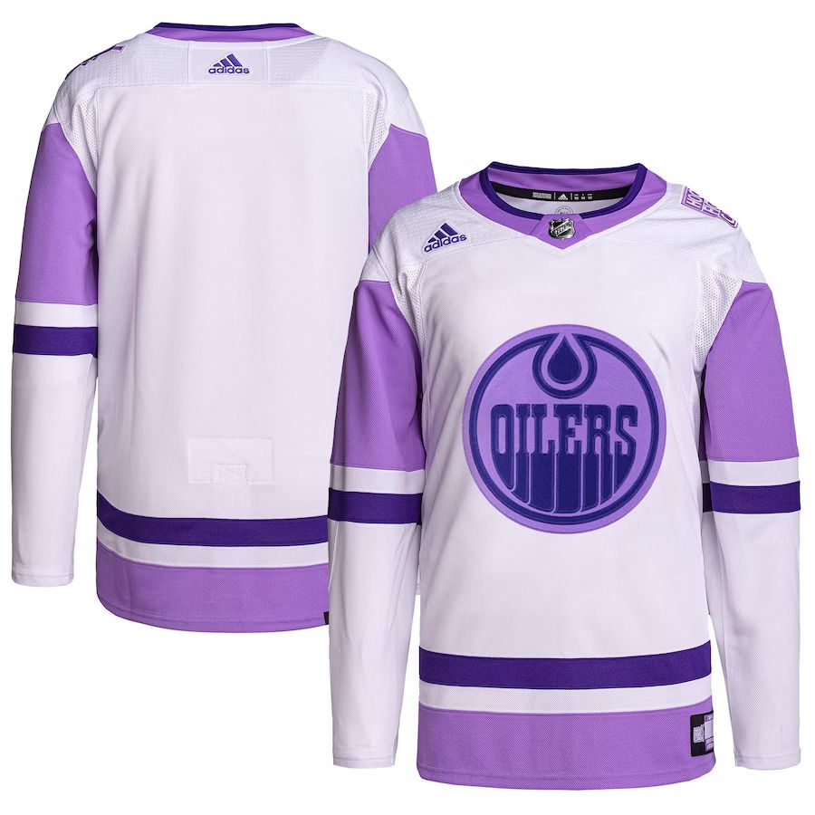 Men Edmonton Oilers adidas White Purple Hockey Fights Cancer Primegreen Authentic Blank Practice NHL Jersey